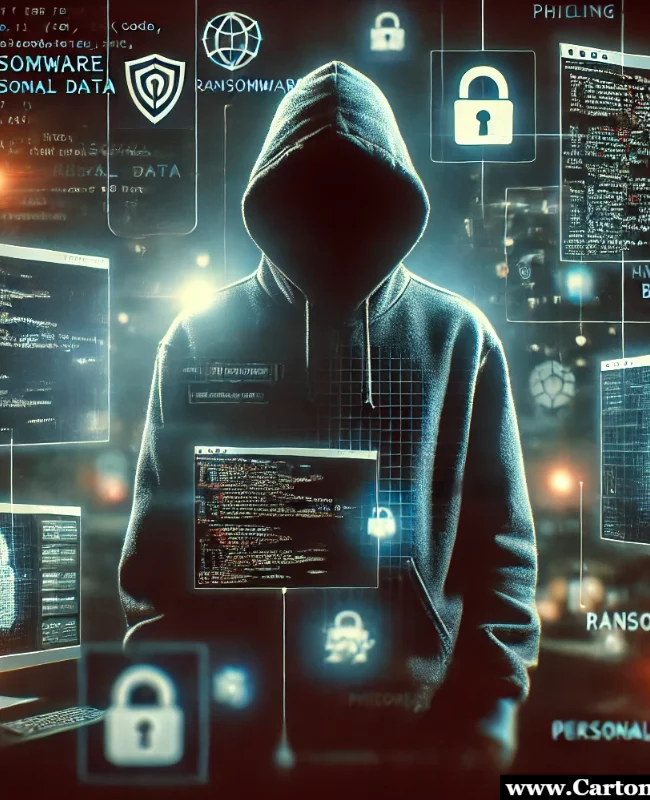 Immagine concettuale che rappresenta un hacker in un ambiente misterioso, circondato da simboli di minacce informatiche come phishing e ransomware - cybersecurity - educazione civica - scuola secondaria - scuola primaria secondo grado