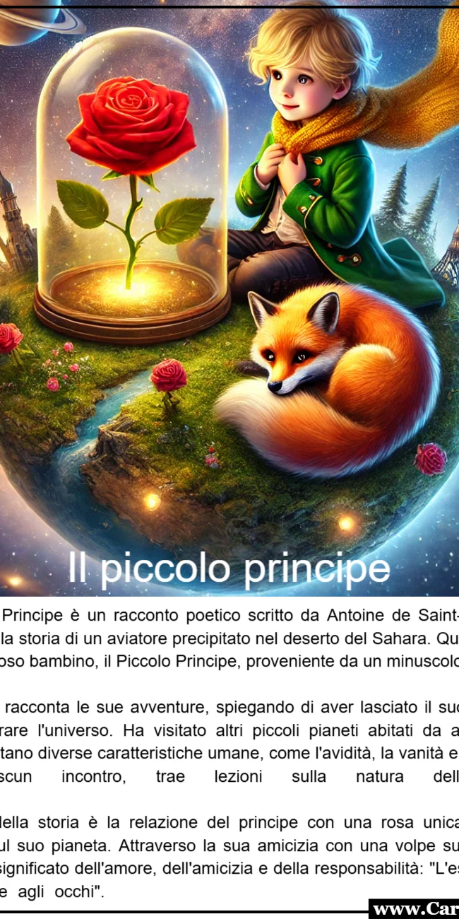 Il piccolo principe, riassunto e immagini del piccolo principe sul pianeta con la rosa e la volpe sullo sfondo lo spazio.