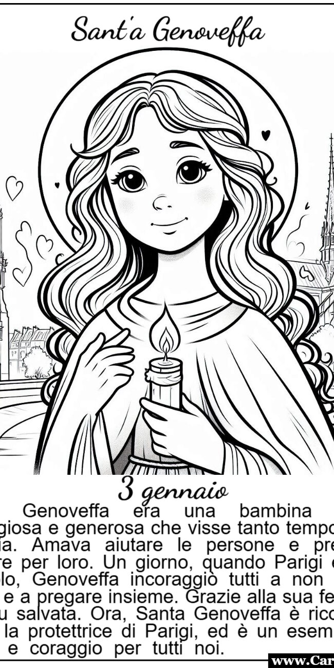 Disegno da colorare per bambini di santa Genoveffa protettrice di Parigi mentre tiene in mano una candela