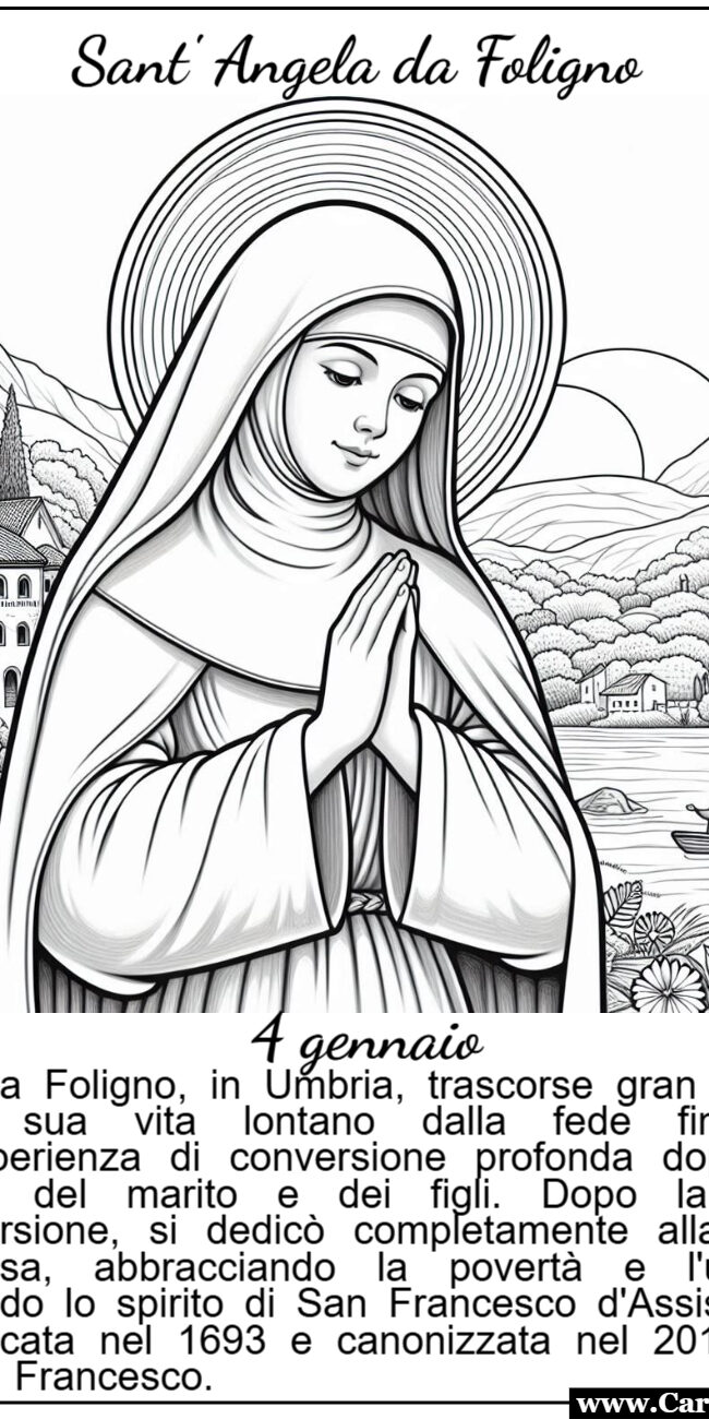 L'immagine rappresenta Santa Angela da Foligno, una mistica italiana del XIII secolo. Al centro, Santa Angela è raffigurata in preghiera, con le mani giunte e un'espressione serena sul viso. Indossa un abito semplice da suora con un velo, simbolo della sua vita di devozione e umiltà.