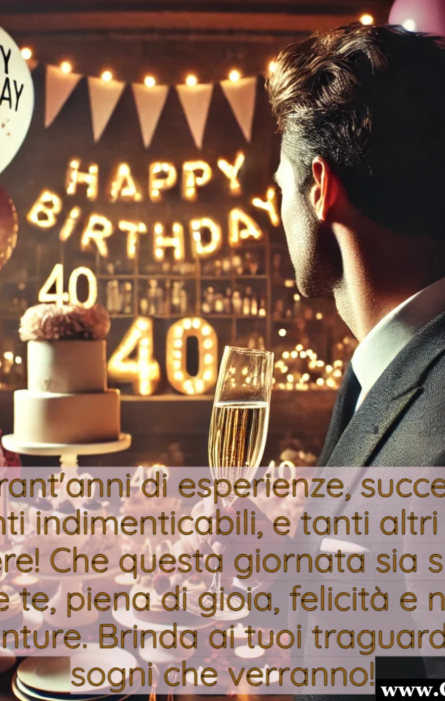 Buon compleanno 40 anni, con frase speciale di auguri. Biglietto buon compleanno elegante con palloncini e coriandoli
