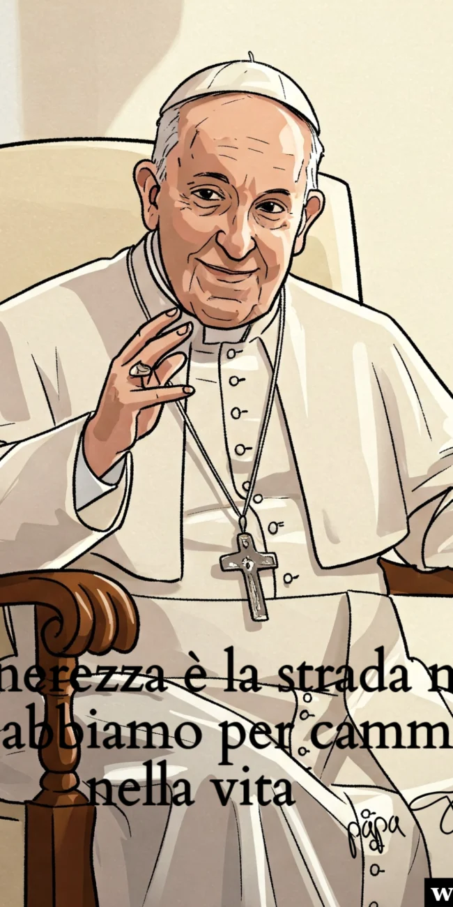 Frasi di papa Francesco. Disegno di papa Francesco con le la sua frase basata sulla tenerezza
