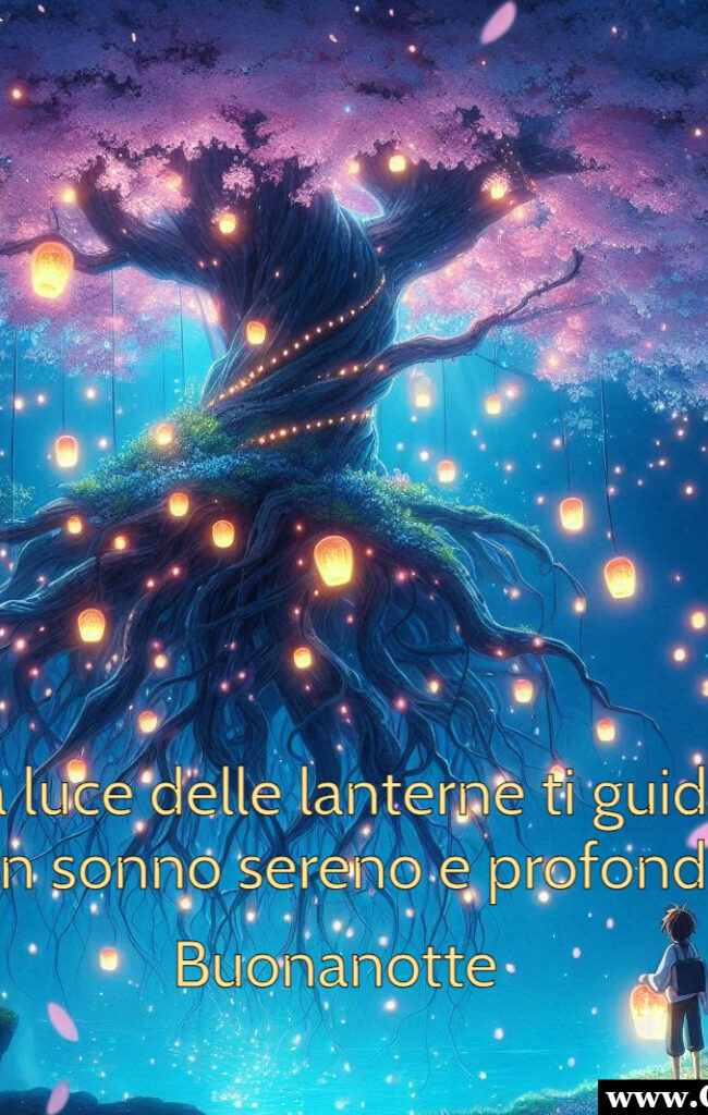Immagine buonanotte con frase he la luce delle lanterne ti guidi verso un sonno sereno e profondo. Buonanotte.