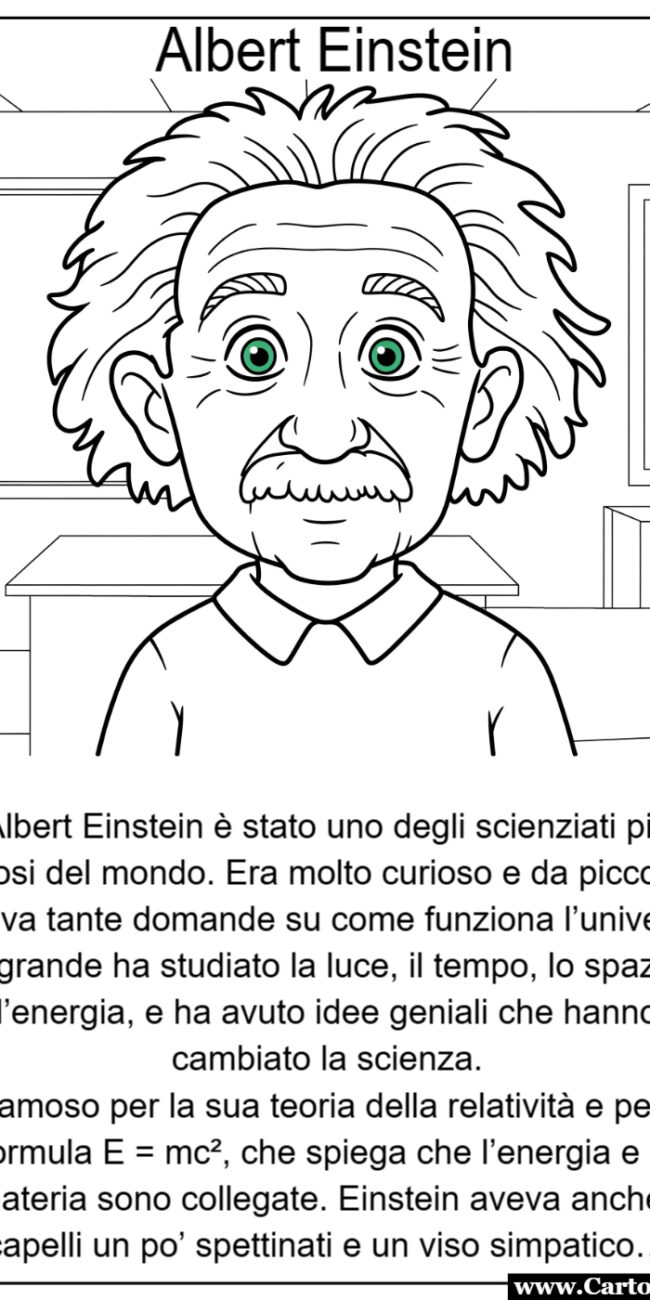 Albert Einstein scheda didattica con disegno da colorare per bambini