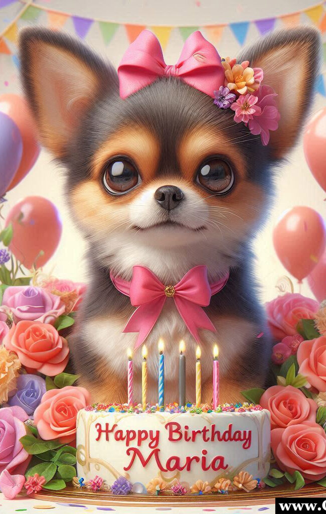 Biglietto di auguri buon compleanno Maria elegante e carino con cagnolino fiori e palloncini