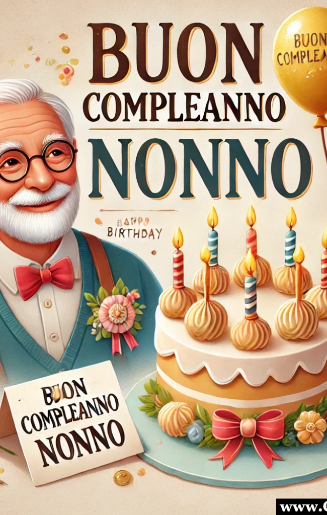 Buon compleanno nonno caro con torta palloncini e fiori