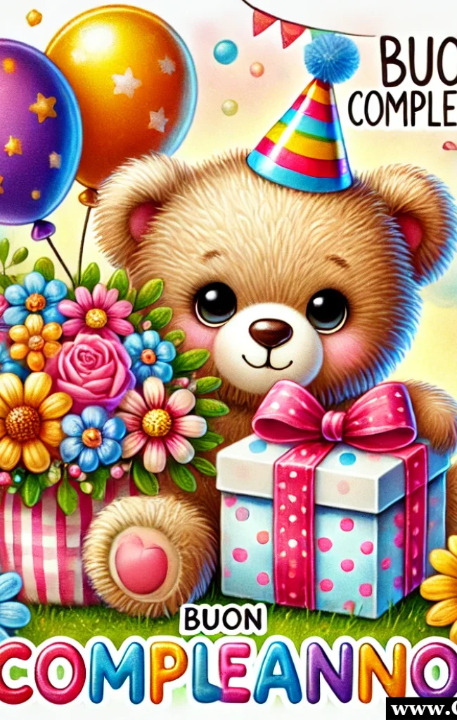Immagine buon compleanno con un simpatico orsacchiotto orso con regali fiori e palloncini
