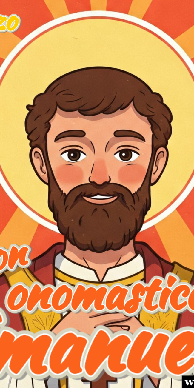 Buon onomastico Emanuele il 26 marzo con il santo e la scritta auguri emanuele