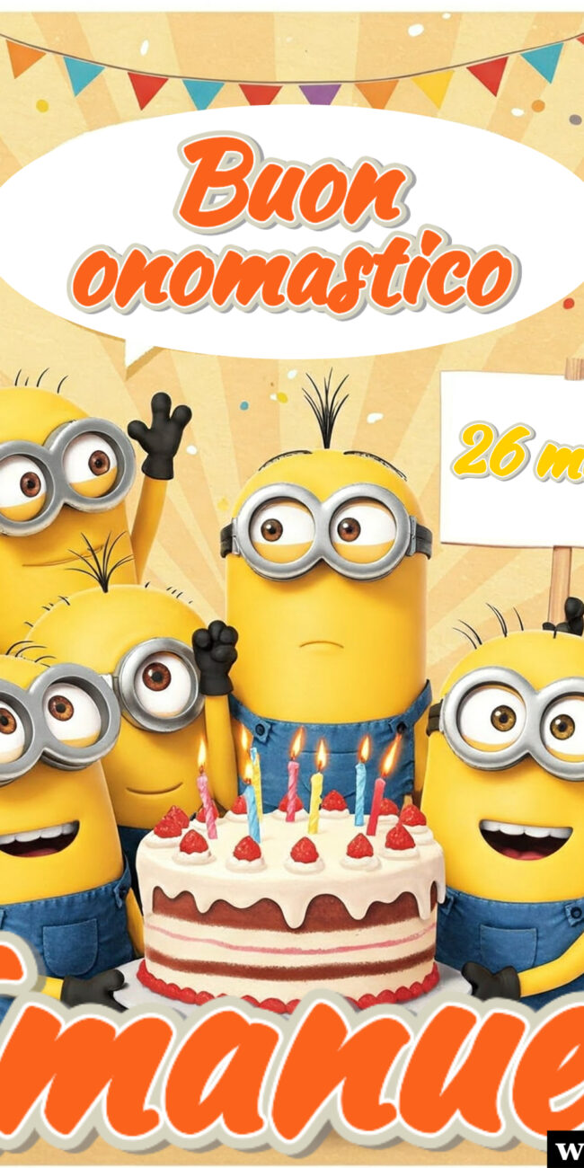 buon onomastico Emanuele 26 marzo biglietto di auguri con immagine dei minions