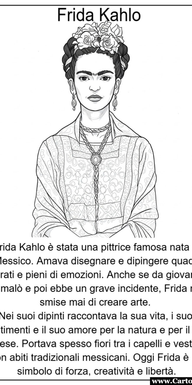Frida Kahlo scheda didattica per bambini per scoprire il personaggio famoso con disegno da colorare e descrizione chiara e semplice.