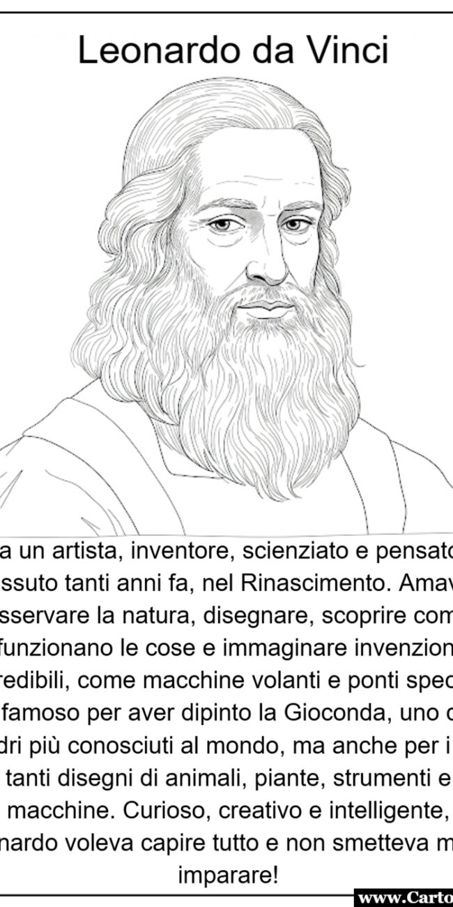 Scheda didattica di Leonardo Da Vinci con disegno da colorare per bambini della scuola primaria