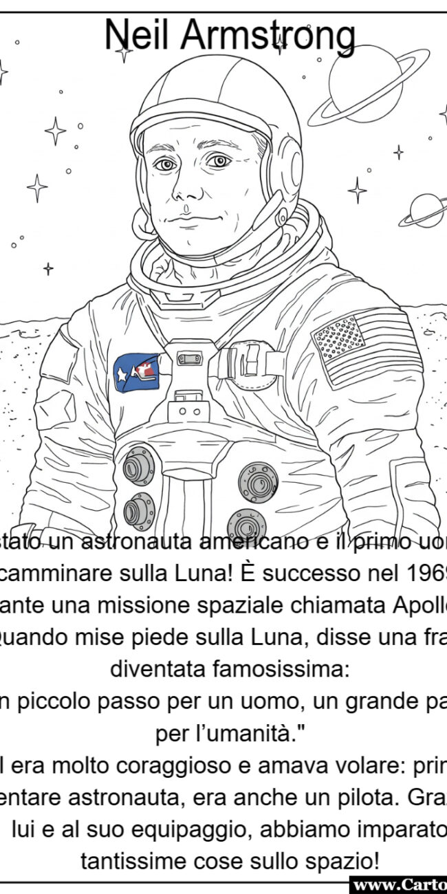 Neil Armstrong il primo uomo sulla luna con scheda didattica per bambini e disegno da colorare e stampare gratis