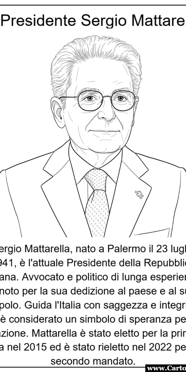Sergio Mattarella scheda didattica con disegno da colorare per bambini della scuola primaria e secondaria di primo grado ideale per educazione civica