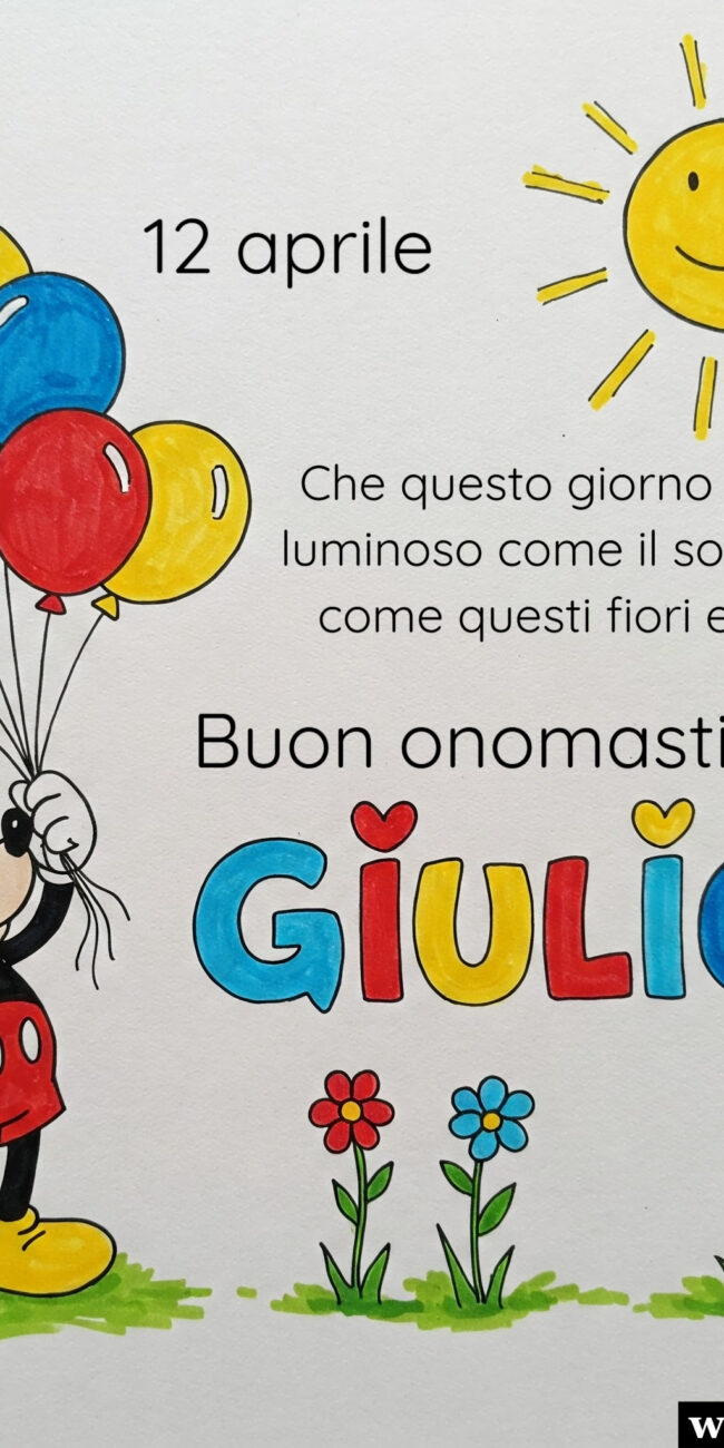 buon onomastico Giulio immagine di auguri con Topolino palloncini e fiori colorati e frase