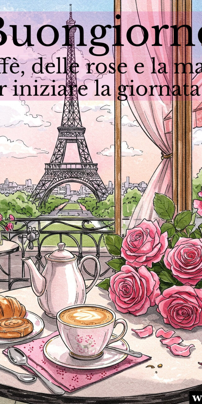 Immagine buongiorno con rose e sullo sfondo Parigi