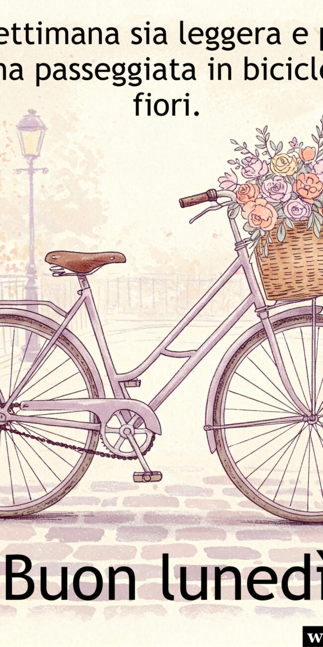Immagine buon lunedì con bicicletta circondata da fiori e frase Che la settimana sia leggera e piacevole come una passeggiata in bicicletta tra i fiori.