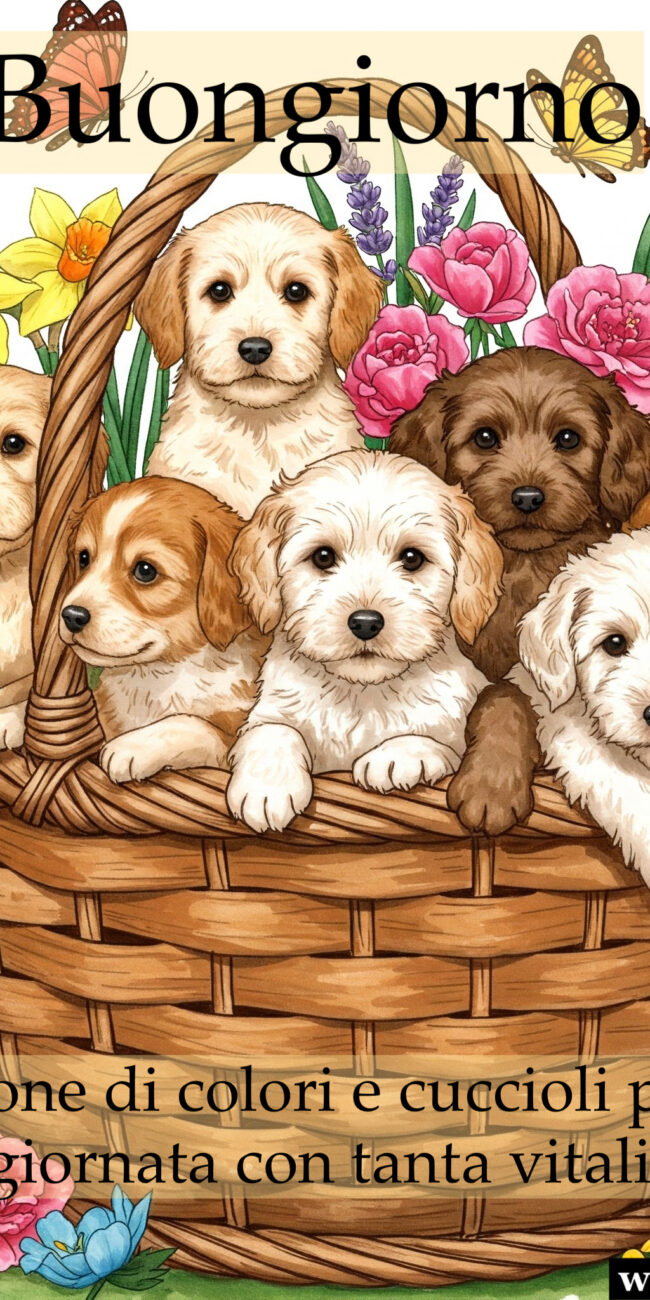 Immagine buongiorno con cuccioli di cane e fiori