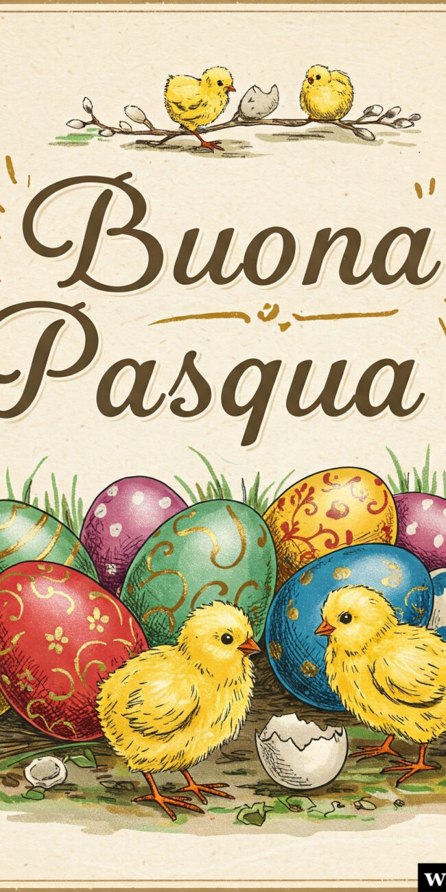 Buona Pasqua immagine di auguri con pulcini e uova e la scritta buona Pasqua