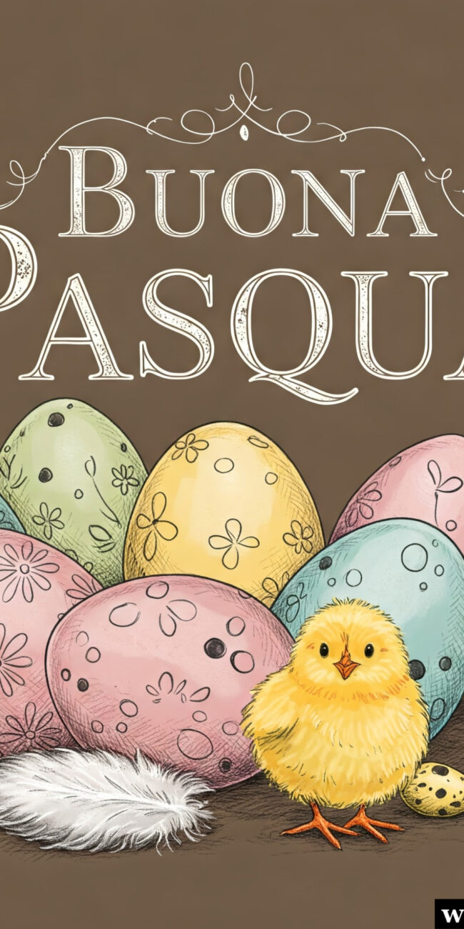 Biglietto di auguri buona Pasqua con pulcini e uova colorate