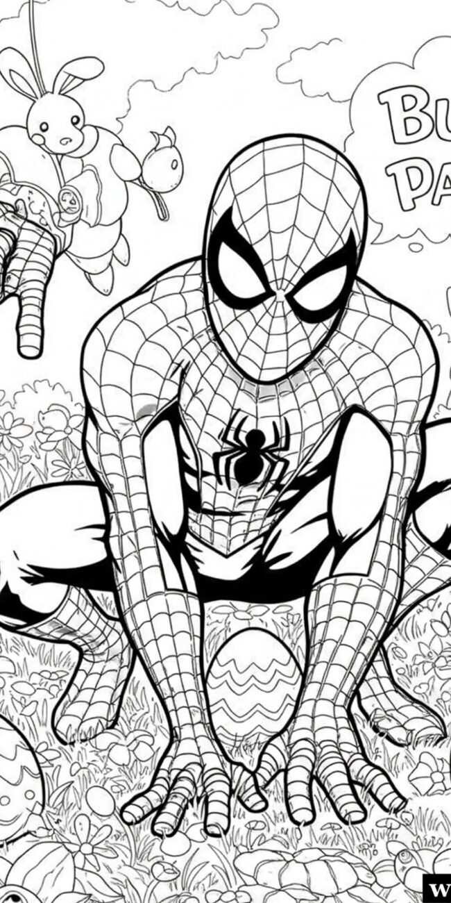 Disegno da colorare buona Pasqua spiderman e uova di cioccolata