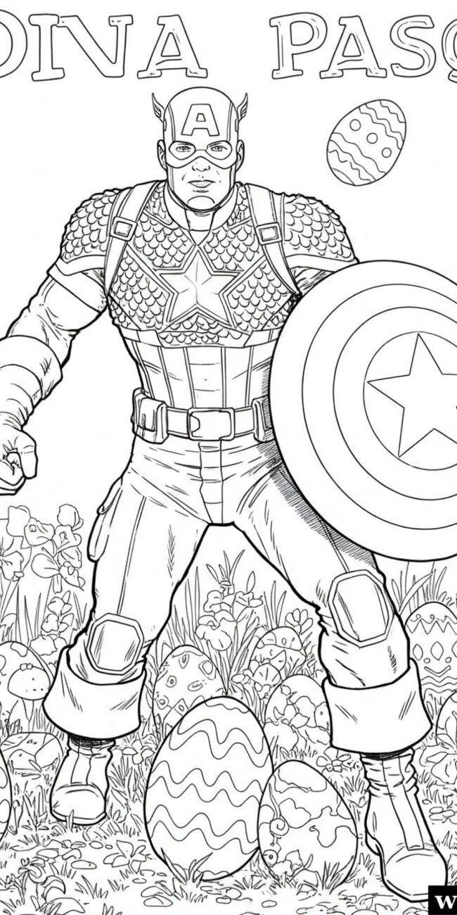 Disegno da colorare di captain America e la scritta buona Pasqua con tante uova di cioccolata