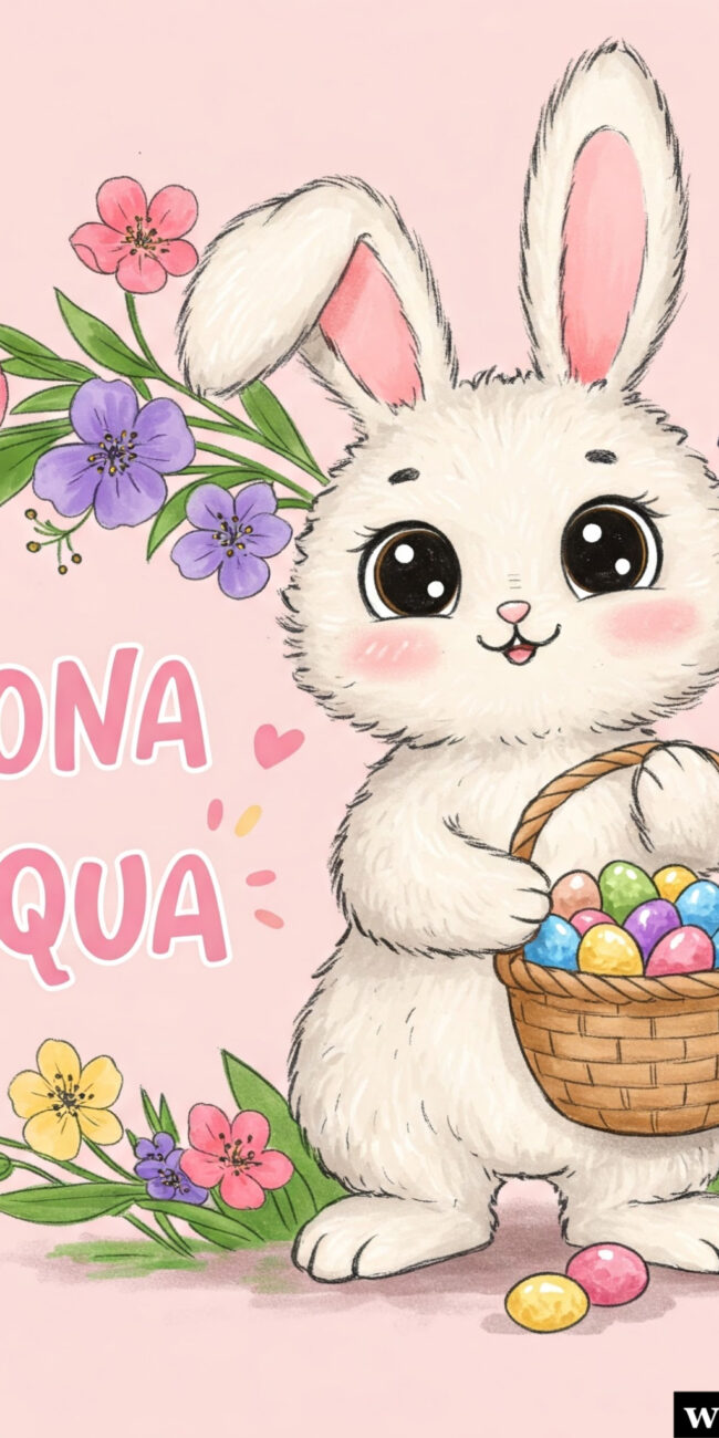 Immagine con coniglietto e uova di Pasqua e la scritta buona Pasqua