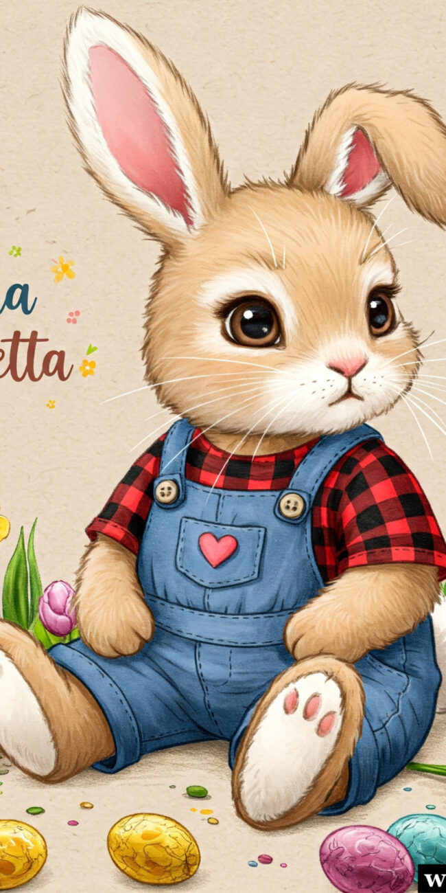 Buona Pasquetta con disegno di un tenero coniglietto uova di Pasqua e fiori per un felice buongiorno