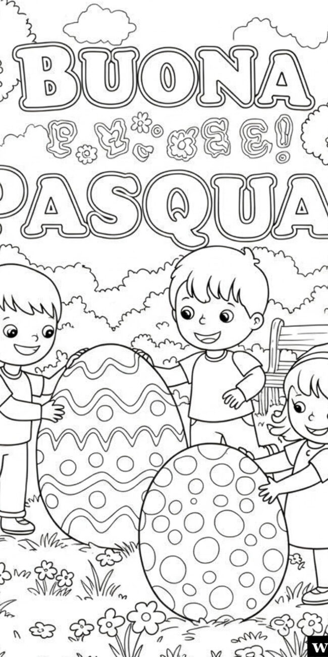 Disegno da colorare buona Pasqua con bambini che giocano e uova di cioccolata