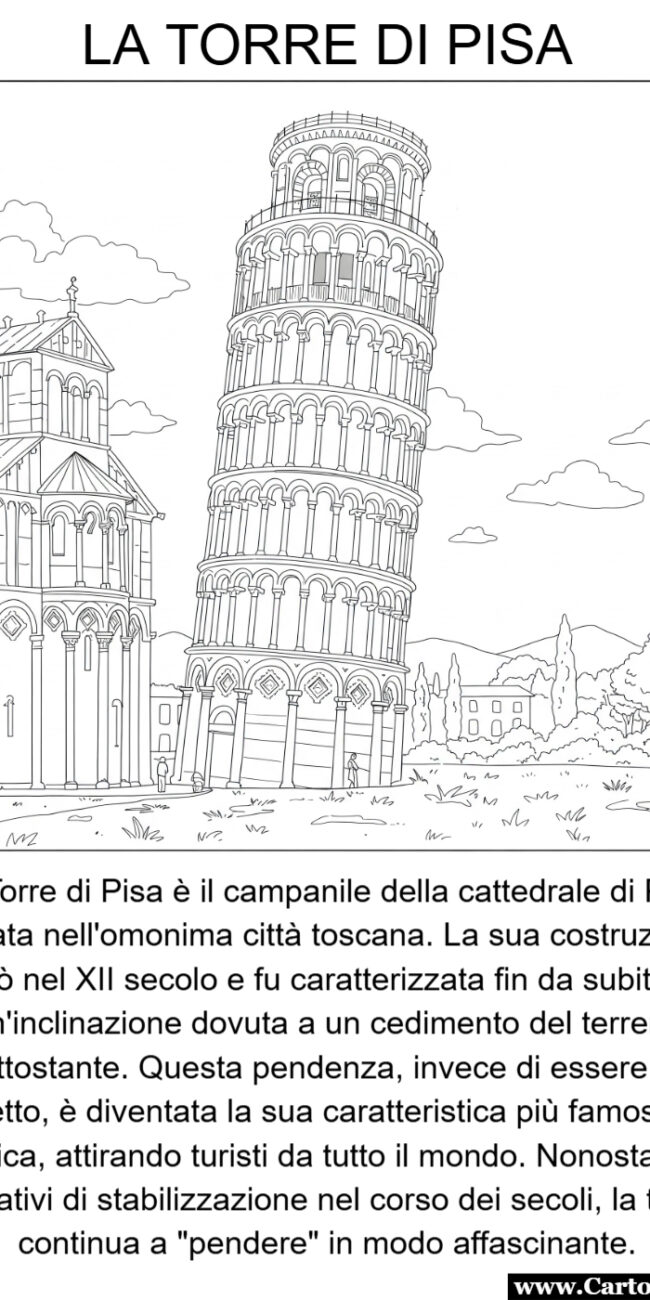 Disegno da colorare della Torre di Pisa per bambini con spiegazione
