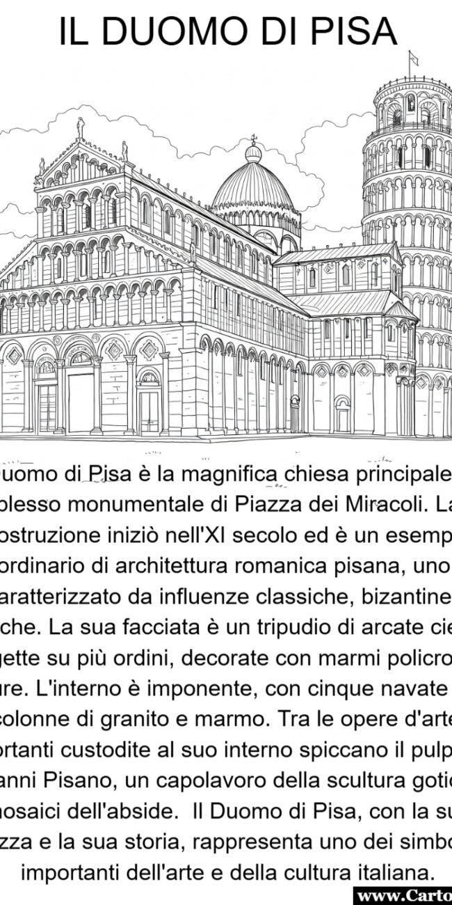 Disegno da colorare del duomo di Pisa per bambini della scuola primaria di primo grado.
