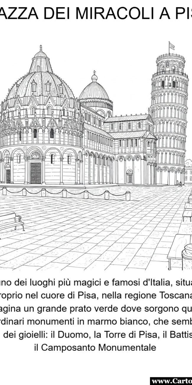 Disegno da colorare di piazza dei miracoli con spiegazione ed elenco dei monumenti adatto a bambini della scuola primaria.